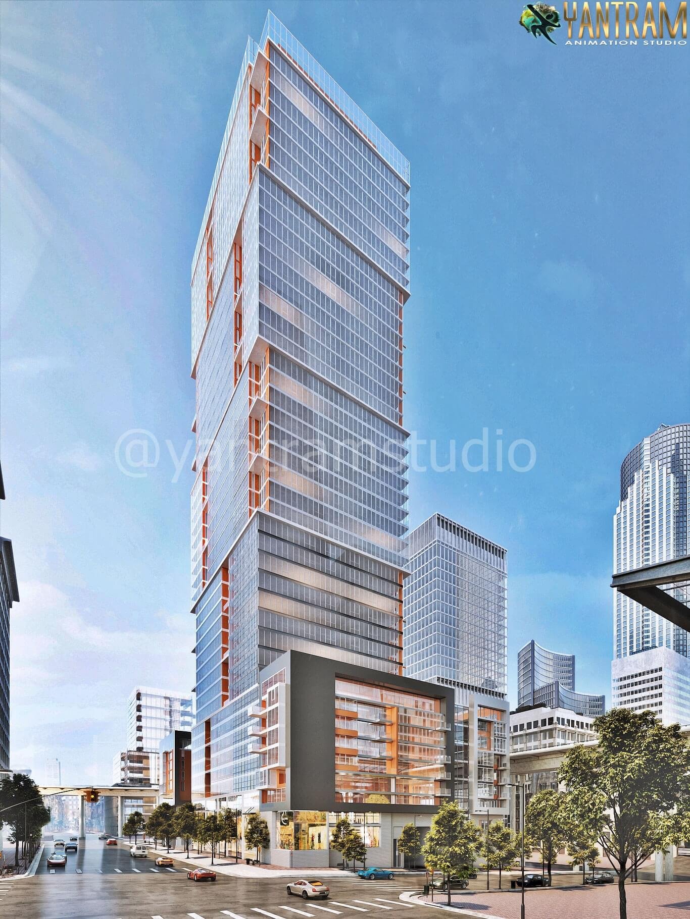 Modern glass skyscraper 3D rendering with orange accents in urban city skyline during daytime