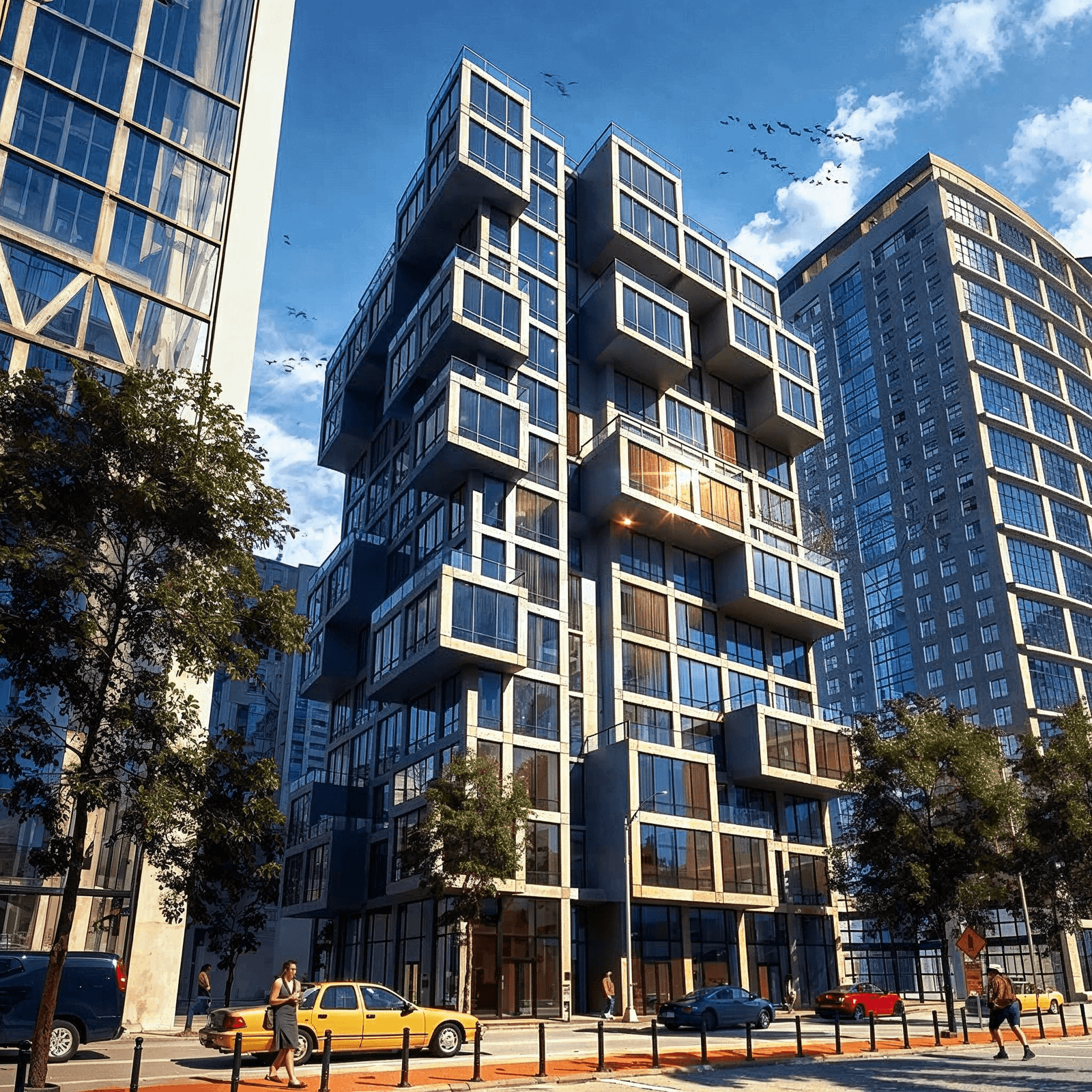 3D rendering of cantilevered geometric facade residential tower in urban city context — Photorealistic Renders Walkthrough Navi Mumbai
