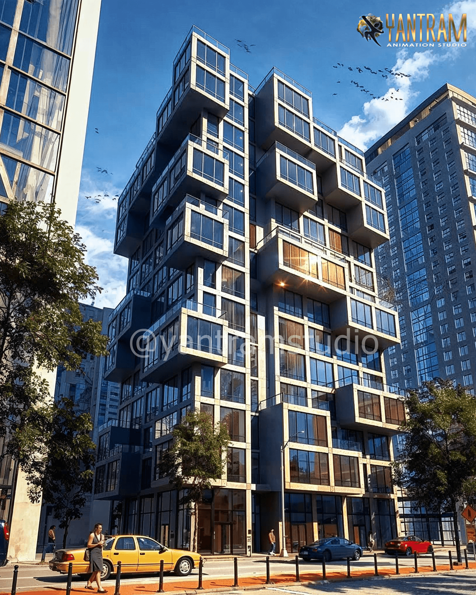 Modern residential building with modular cube architecture and glass balconies in urban city environment – 3D architectural visualization by Yantram Studio