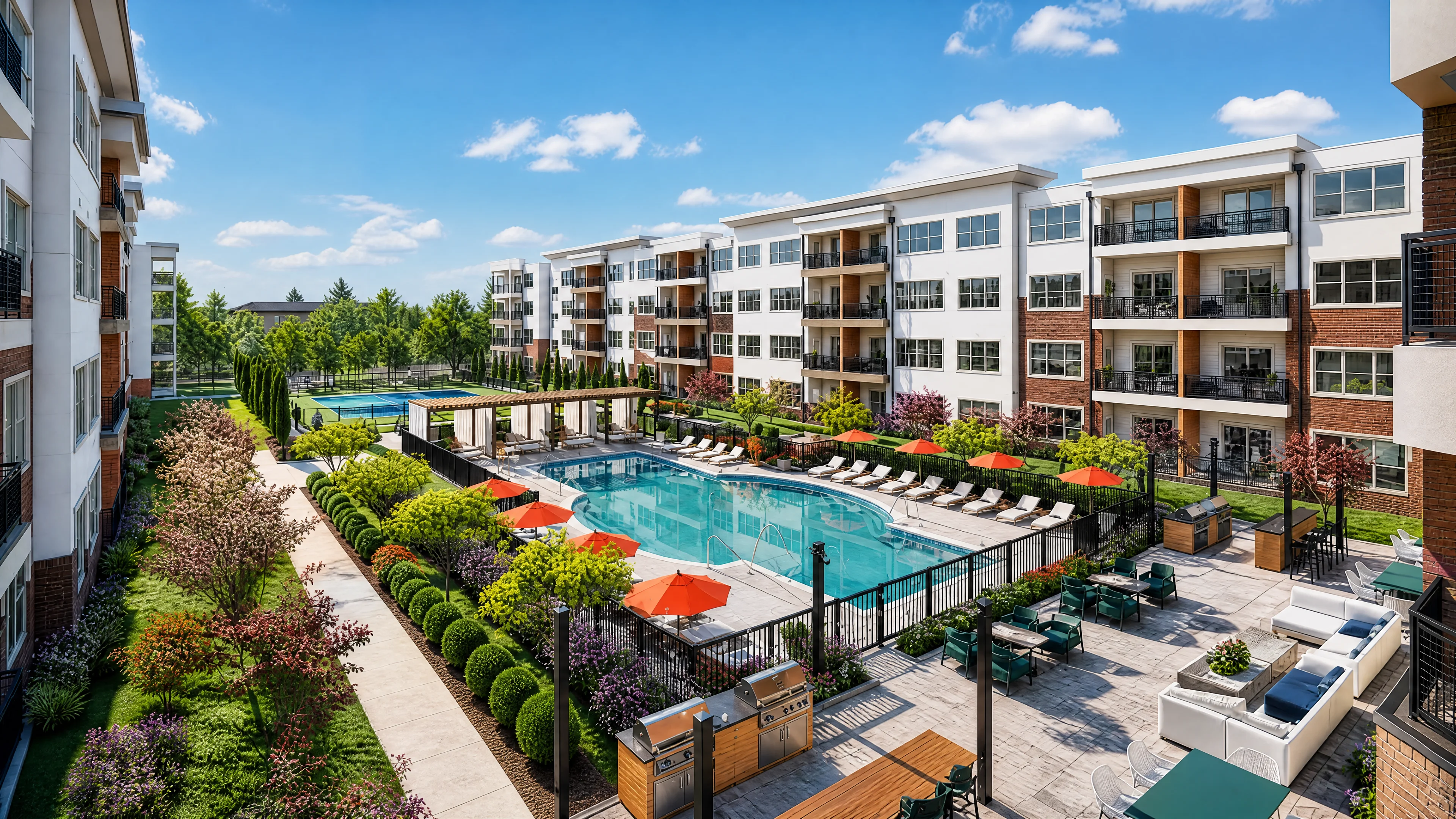 Aerial rendered view of multi-family apartment building with central pool courtyard in Los Angeles