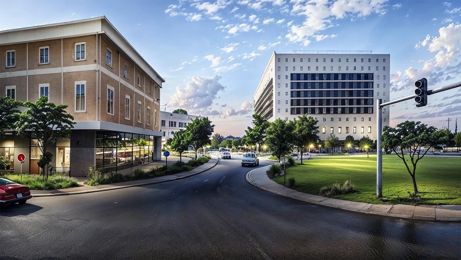 Modern commercial and office buildings along a curved city street with landscaped lawns, traffic signals, and illuminated evening streetscape.