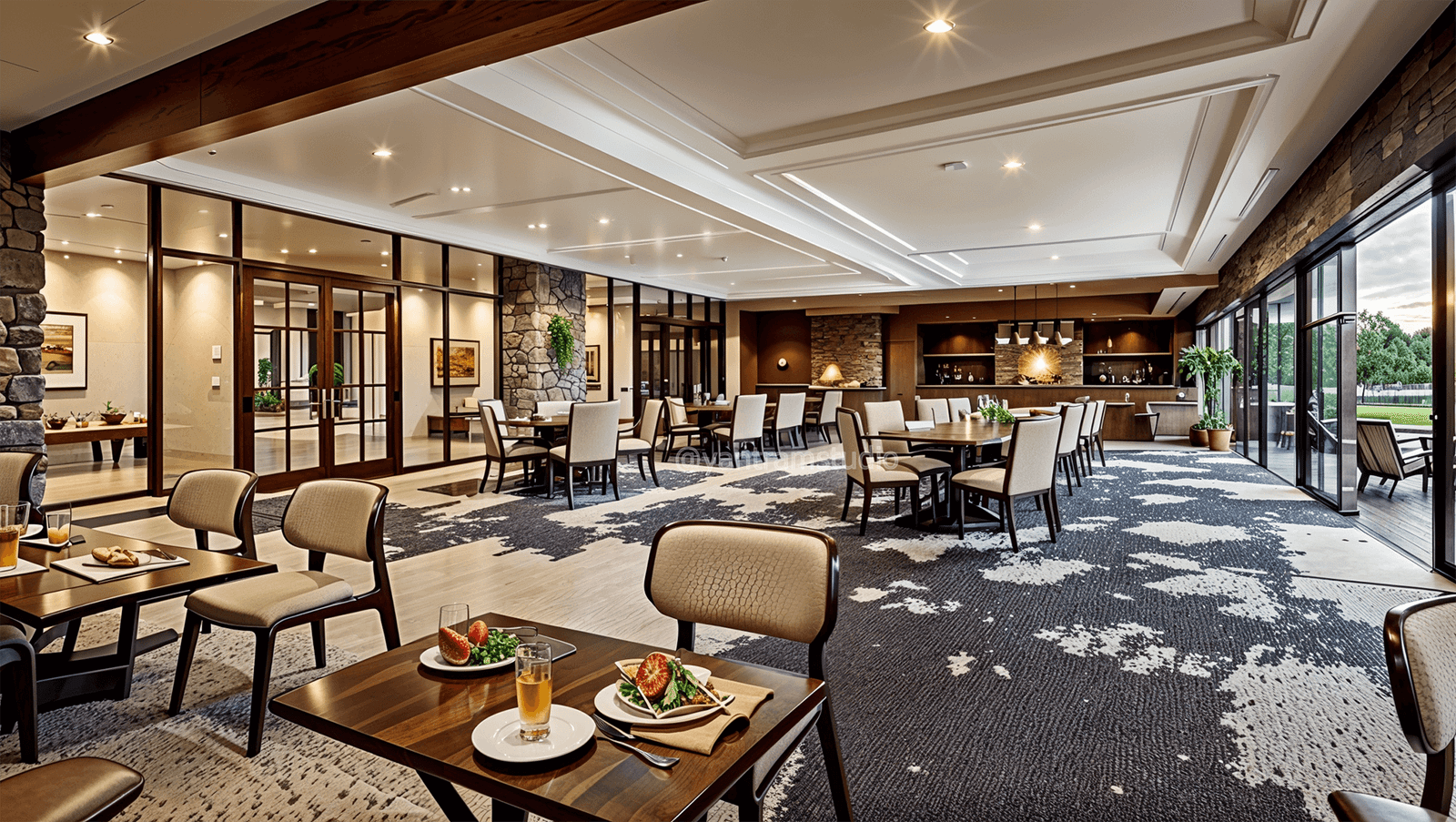 Modern restaurant dining interior with wooden tables, upholstered chairs, stone accent walls, recessed ceiling lighting, and large glass windows.