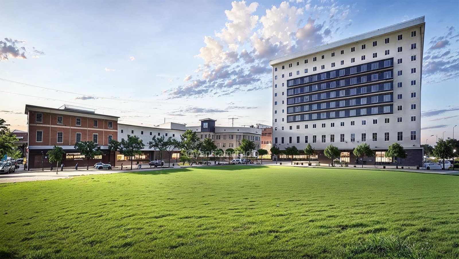 Modern mid-rise institutional building overlooking a large green lawn with surrounding commercial blocks and evening sky backdrop.