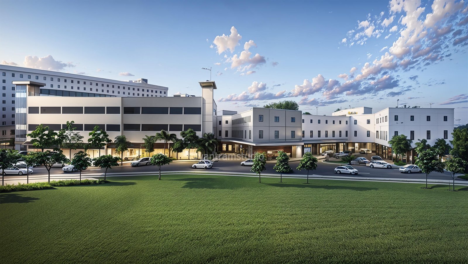 Modern institutional campus with interconnected white buildings, horizontal window bands, landscaped green lawn, and illuminated entrance at dusk.