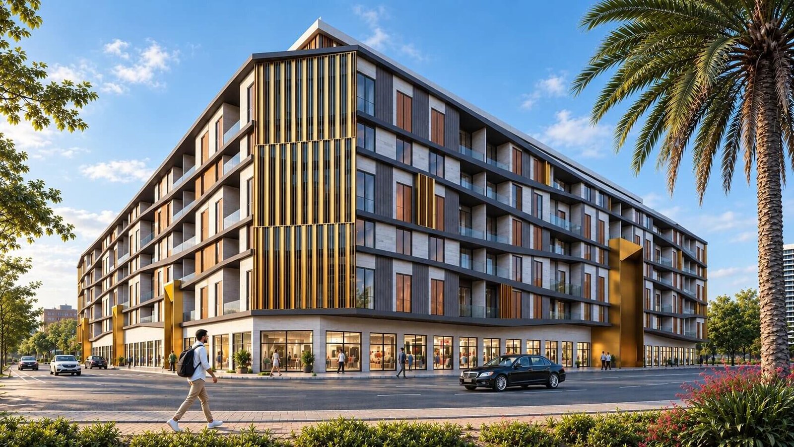 A mixed-use commercial and residential building with modern architecture. — Photorealistic Commercial Exterior Renders San Diego
