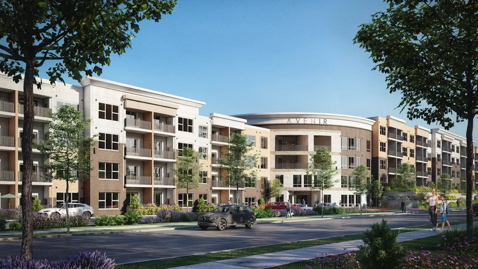 Modern apartment street view by Yantram Studio with landscaped frontage, balconies, and pedestrian-friendly design. – 3D rendering by Yantram Studio