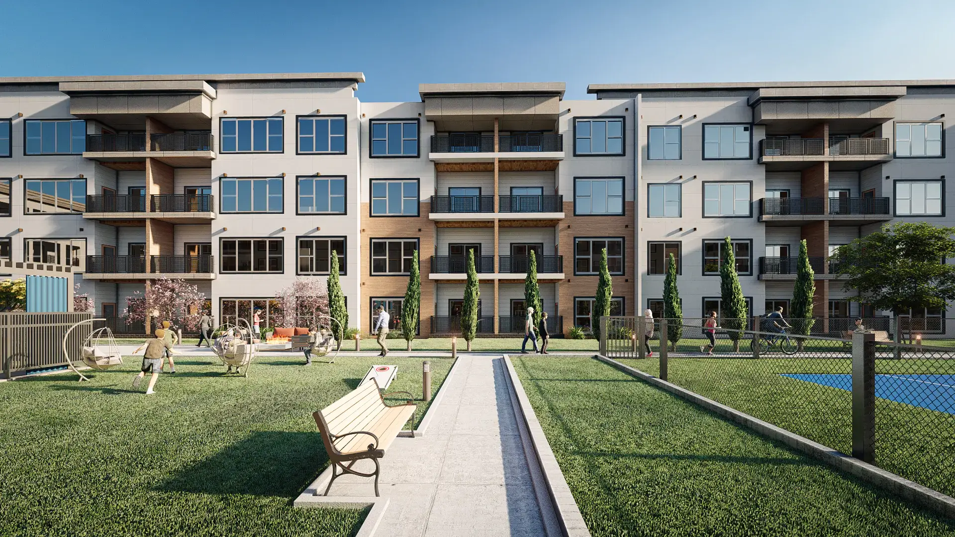 Modern apartment exterior by Yantram Studio with landscaped garden, walkway, seating, and children’s play area– 3D architectural visualization Yantram Studio