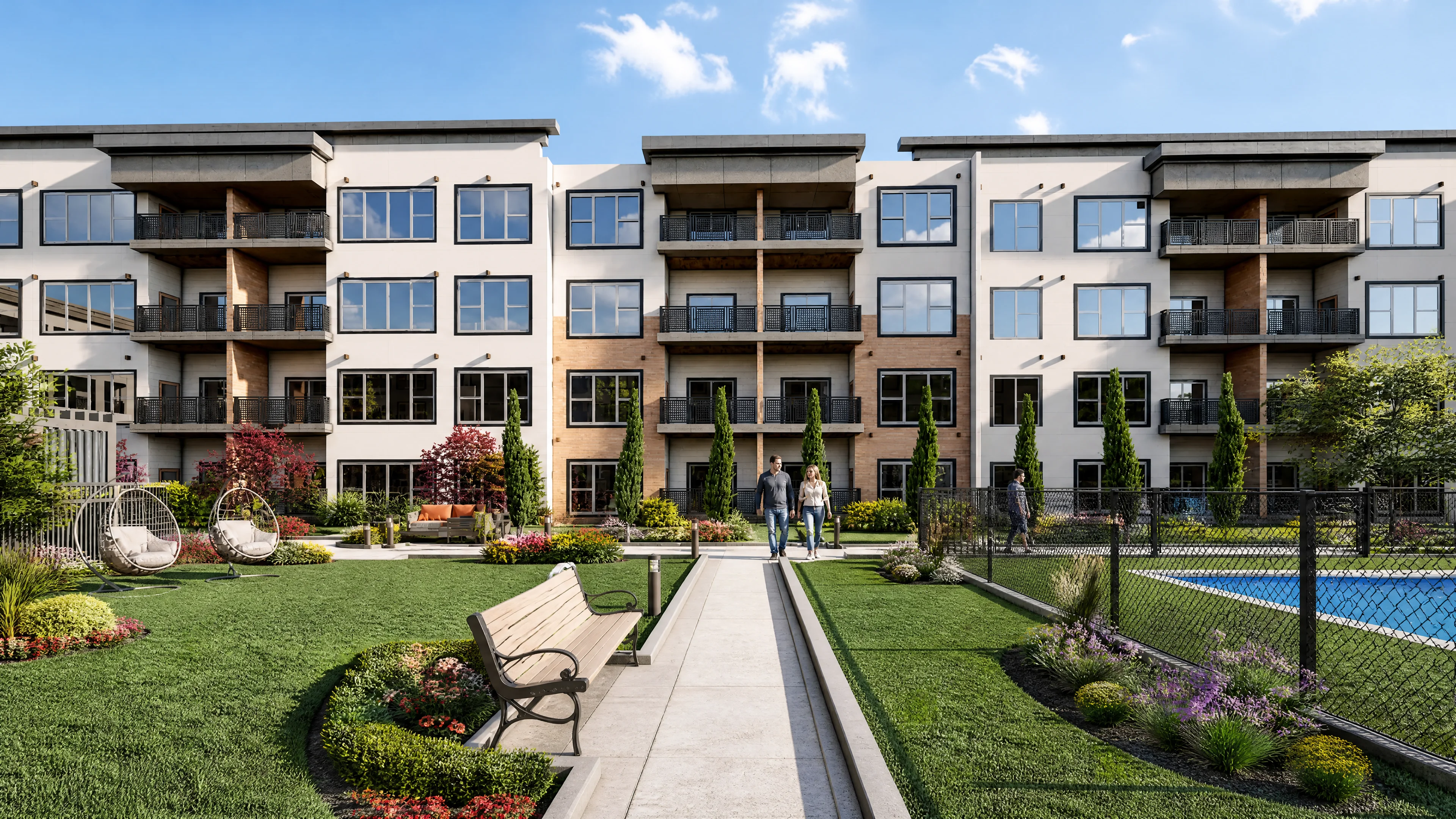 Modern apartment exterior by Yantram Studio with landscaped garden, walkway, seating, and children’s play area. — 3D Architectural Walkthrough Los Angeles