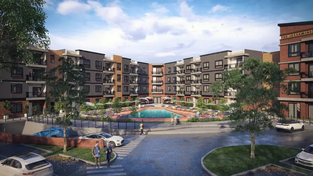 Modern apartment courtyard by Yantram Studio with central pool, landscaped surroundings, and community living spaces.– 3D exterior rendering by Yantram Studio