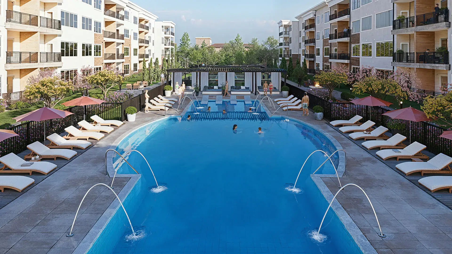 Modern apartment pool courtyard by Yantram Studio with lounge seating, water features, and landscaped surroundings. – 3D architectural visualization by Yantram Studio