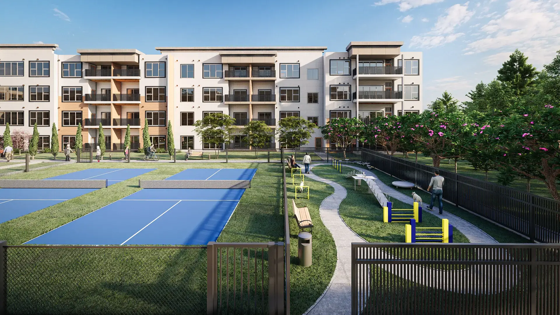 Modern apartment exterior by Yantram Studio with tennis courts, landscaped pathways, and recreational outdoor spaces. – 3D architectural visualization by Yantram Studio