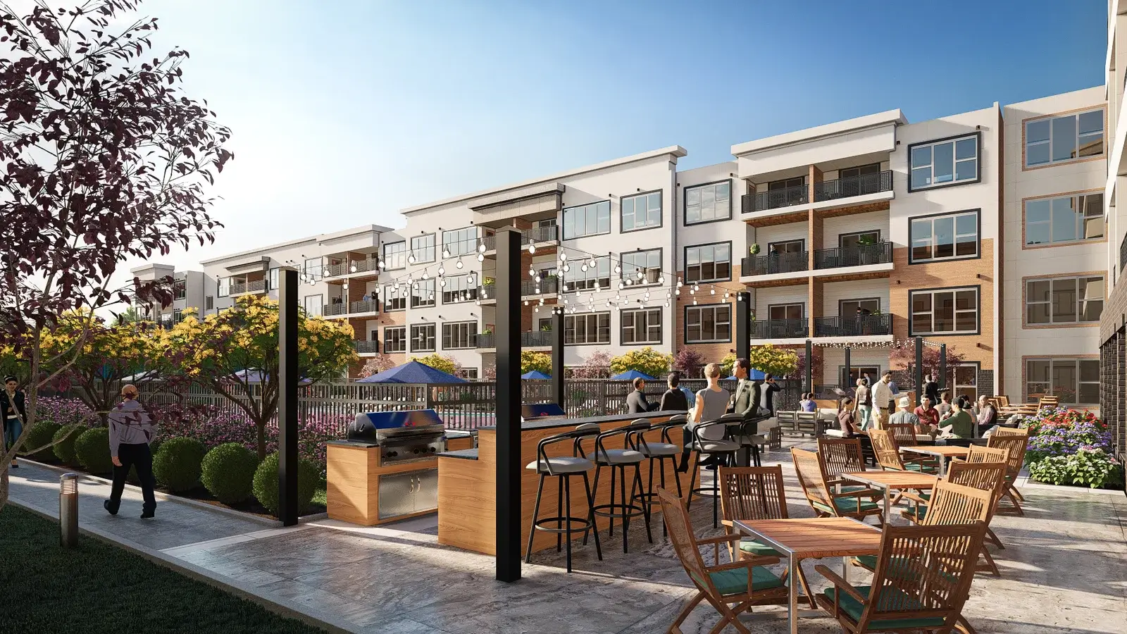 Residential Courtyard Amenity Rendering | Apartment Exterior Visualization by Yantram Studio Modern residential courtyard rendering with outdoor seating area, BBQ station, landscaped gardens, and mid-rise apartment buildings – exterior visualization by Yantram Studio.