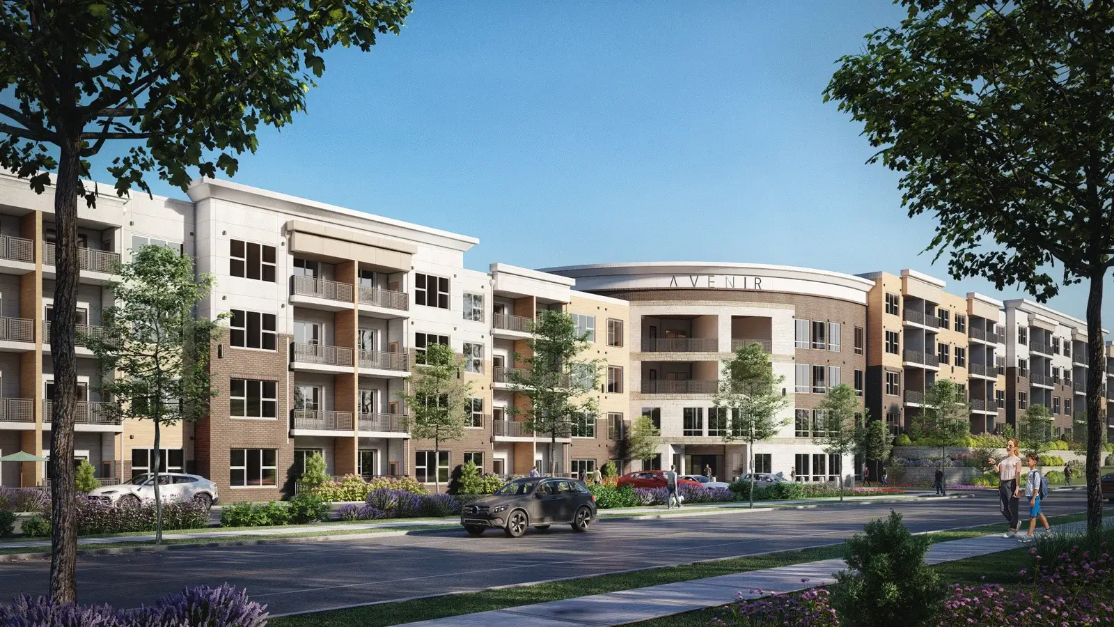 Contemporary Apartment Exterior Rendering | Yantram Studio Contemporary mid-rise apartment building rendering with landscaped frontage, balconies, and street-level view – residential exterior visualization by Yantram Studio.