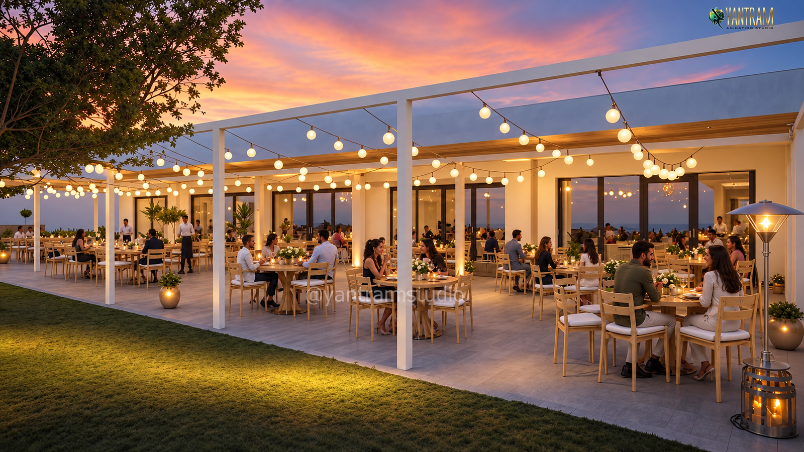 Elegant outdoor dining terrace with wooden tables and chairs, pergola structure, hanging string lights, sunset sky, and landscaped lawn.