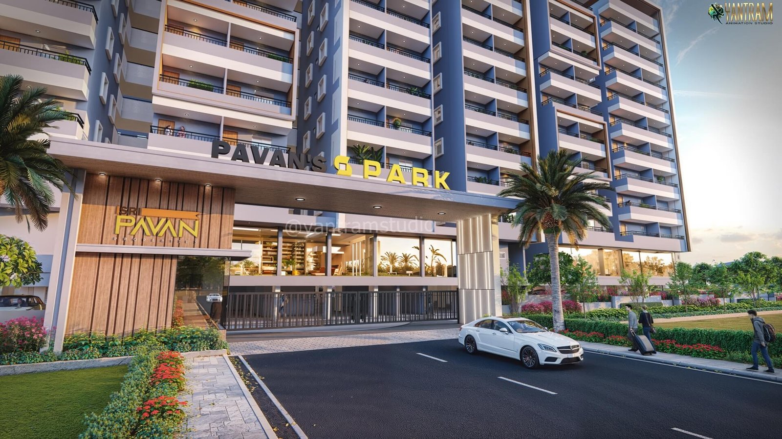 Modern apartment building entrance 3D rendering with landscaped driveway, palm trees, and residential tower balconies.