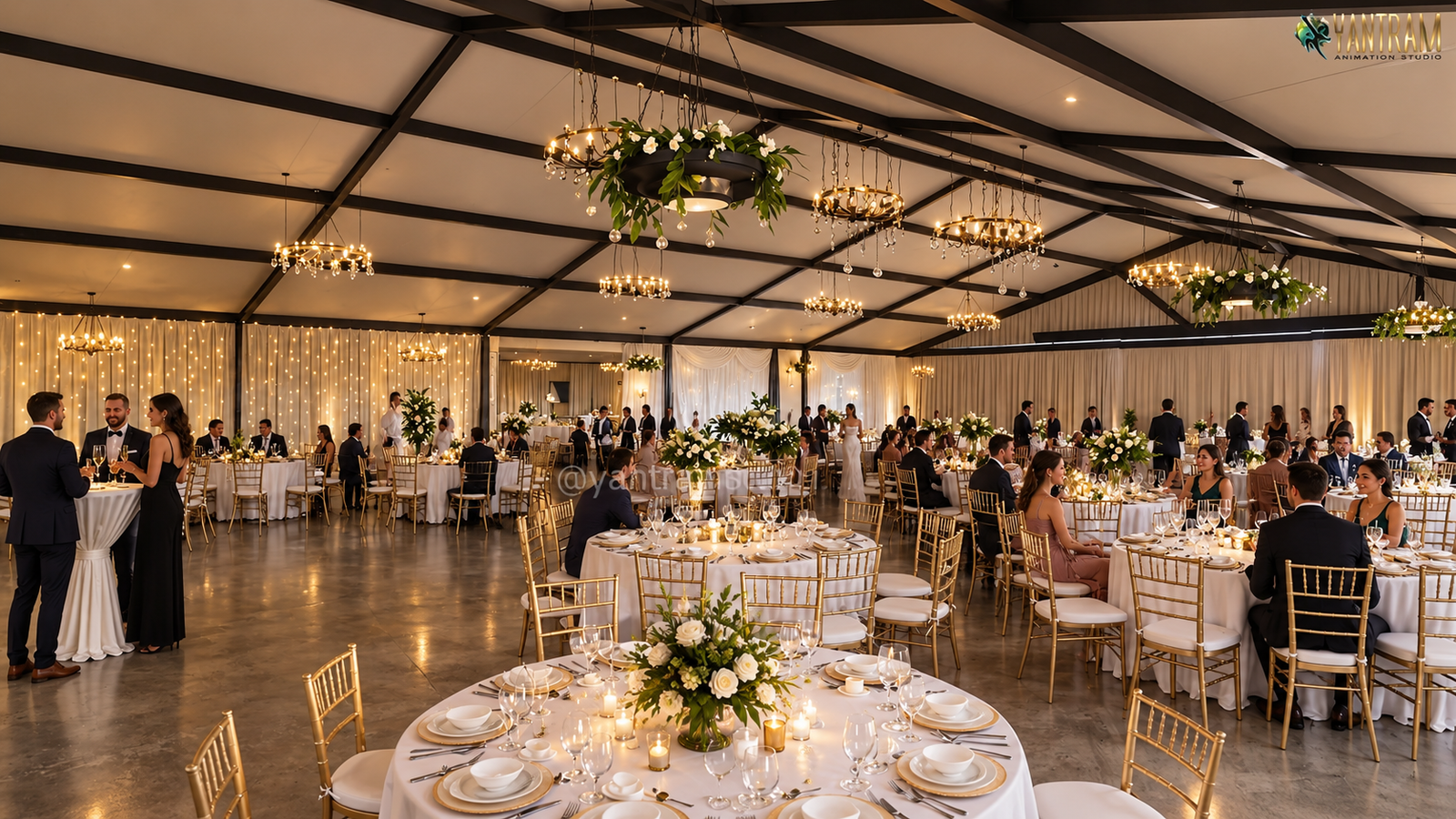 Spacious wedding banquet hall with round dining tables, white table settings, gold chairs, hanging floral arrangements, and warm ambient lighting.