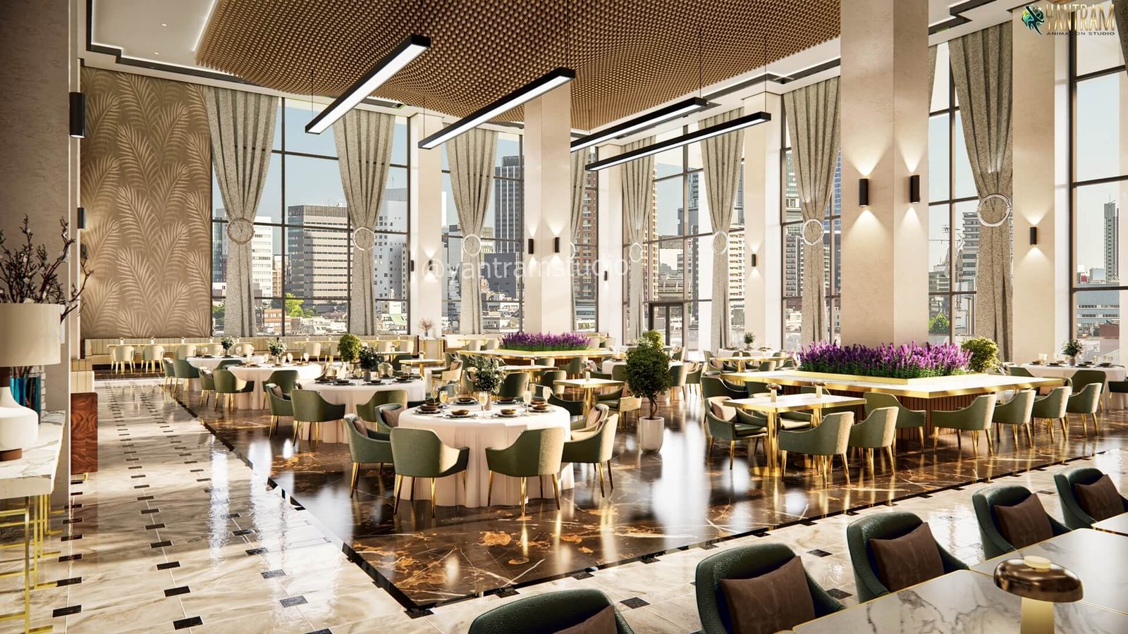Luxury Fine Dining Restaurant Interior Design | Yantram Studio Elegant fine dining restaurant with marble flooring, round tables, green upholstered chairs, high ceilings, and floor-to-ceiling windows overlooking city skyline.