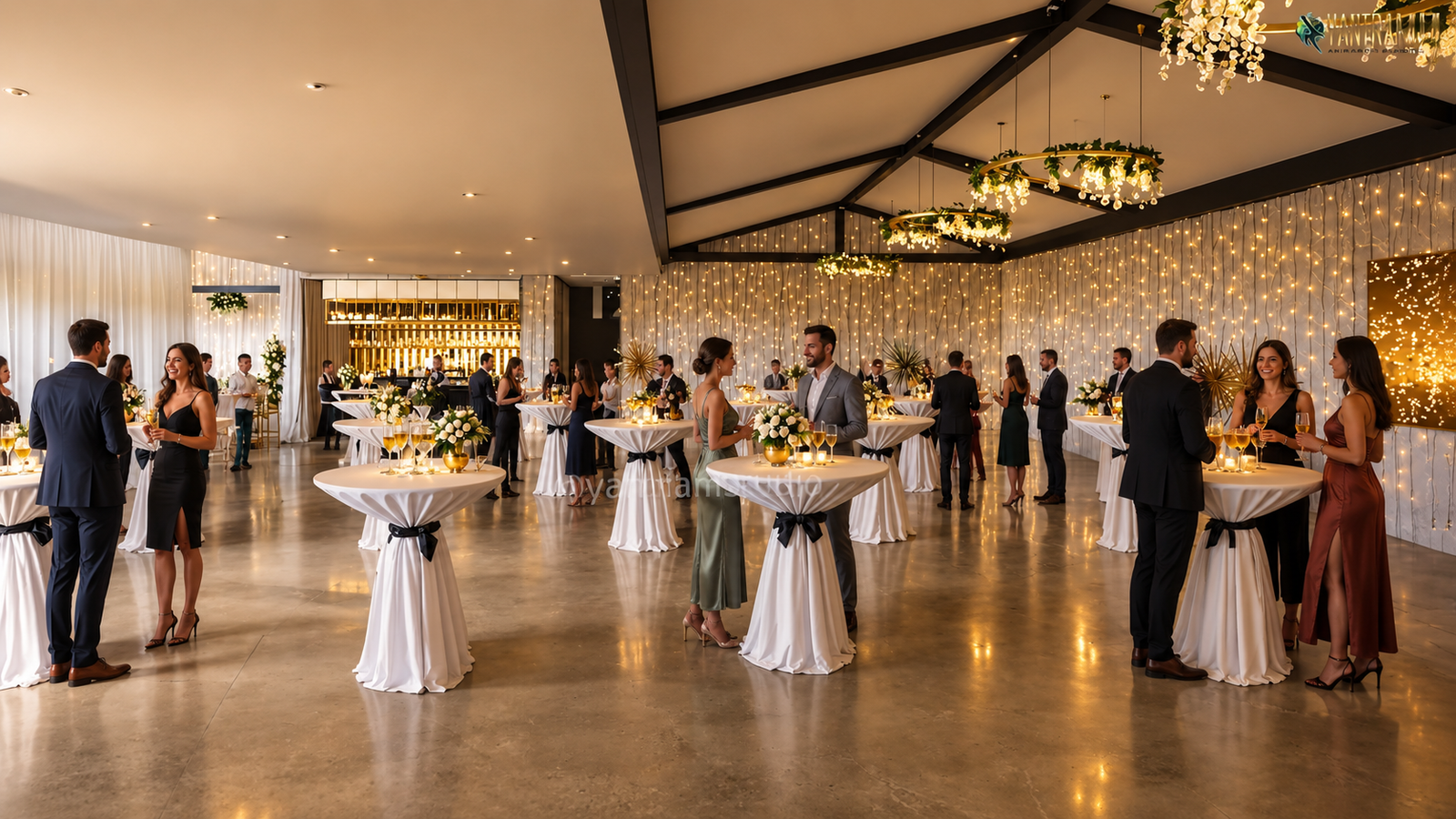 Modern event venue interior with round cocktail tables draped in white linens, floral centerpieces, bar counter in the background, and soft ambient lighting.