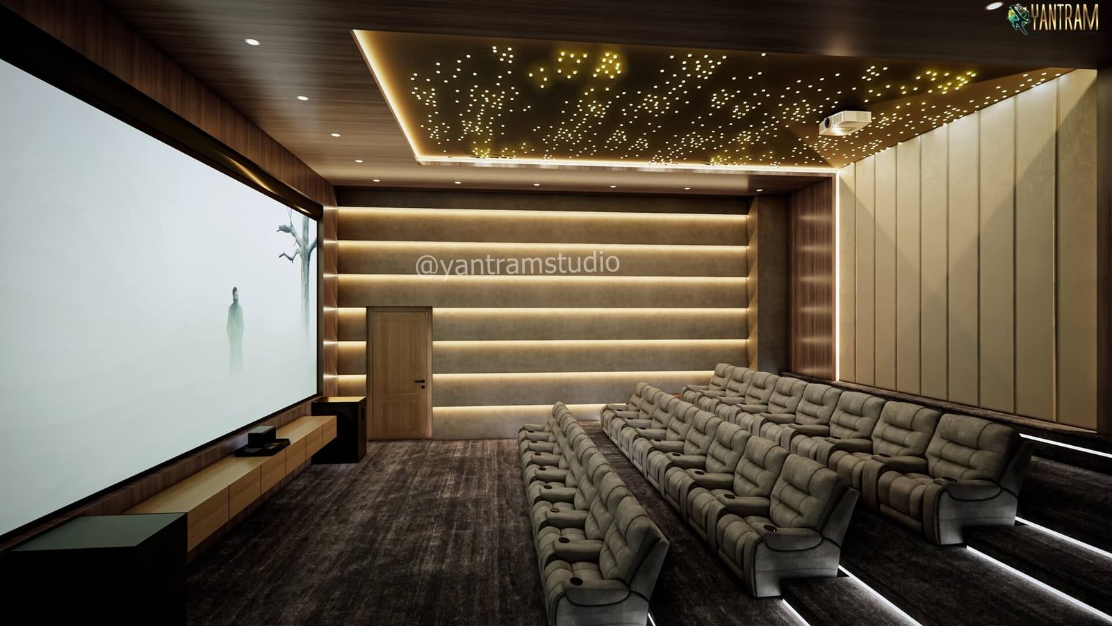 Luxury Home Theater Interior Design | Yantram Studio Modern home theater room with tiered recliner seating, large projection screen, acoustic wall panels, and starry ceiling lighting.
