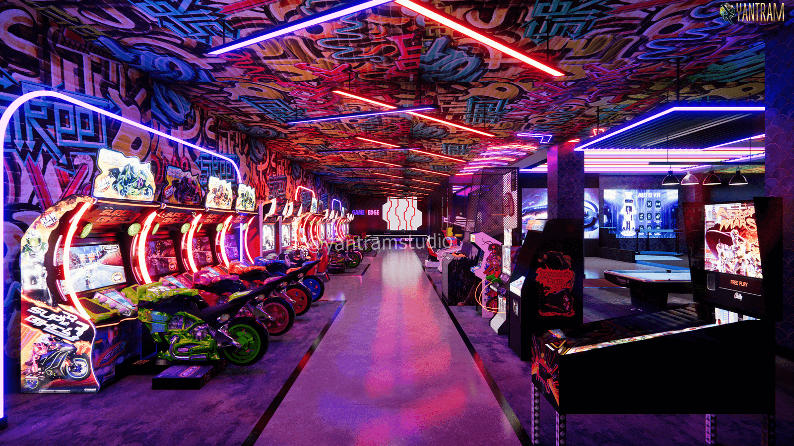 Neon-lit arcade gaming center with racing simulators, slot machines, graffiti-style ceiling art, and immersive LED lighting.