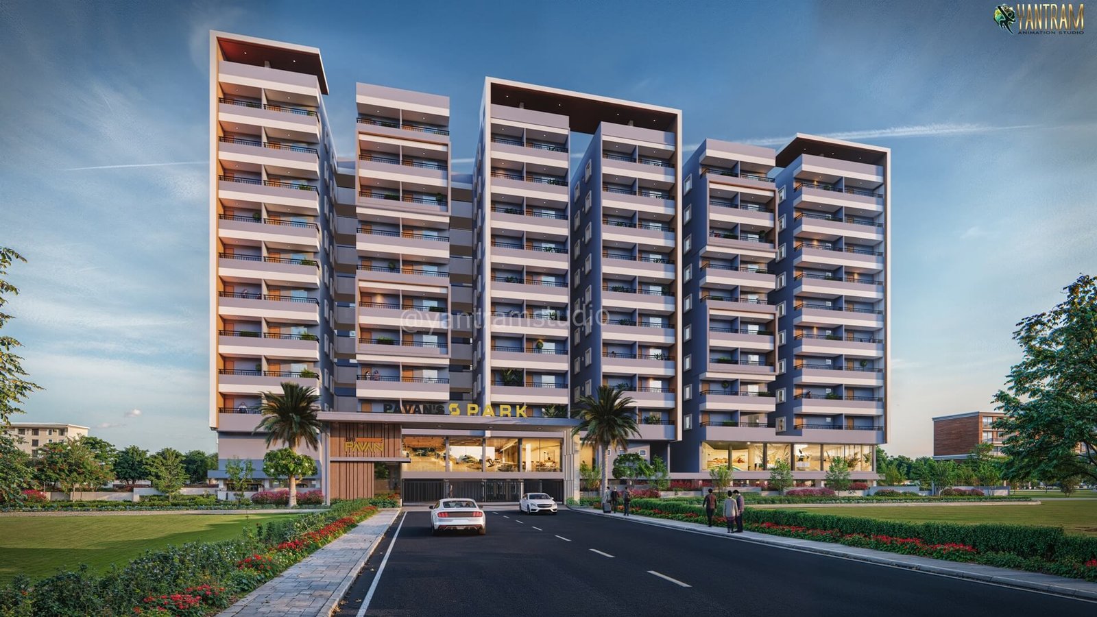 Modern residential apartment building 3D rendering with landscaped entrance, balconies, and urban road view. – 3D architectural visualization by Yantram Studio