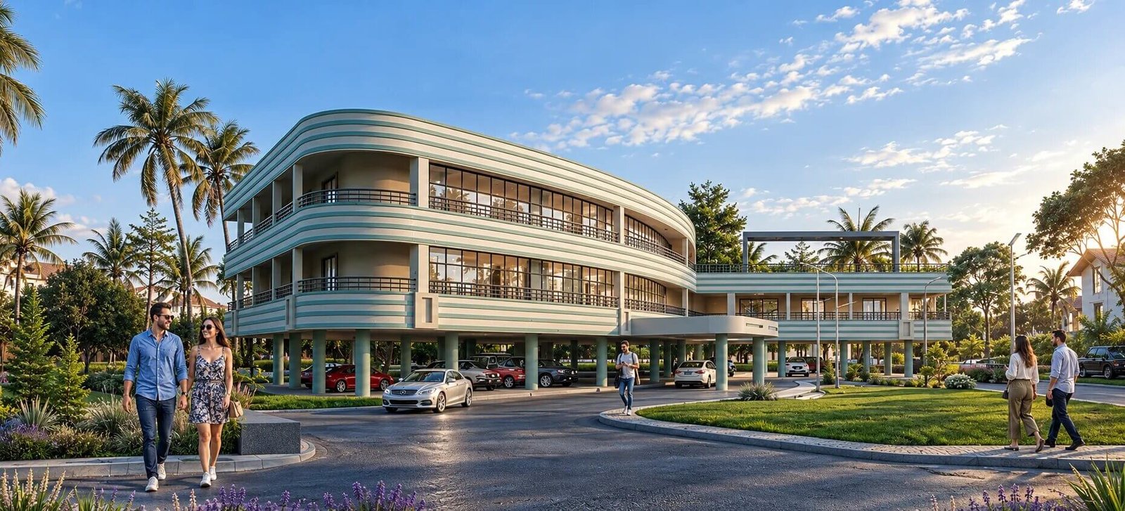 A sleek, modern commercial office building surrounded by greenery.