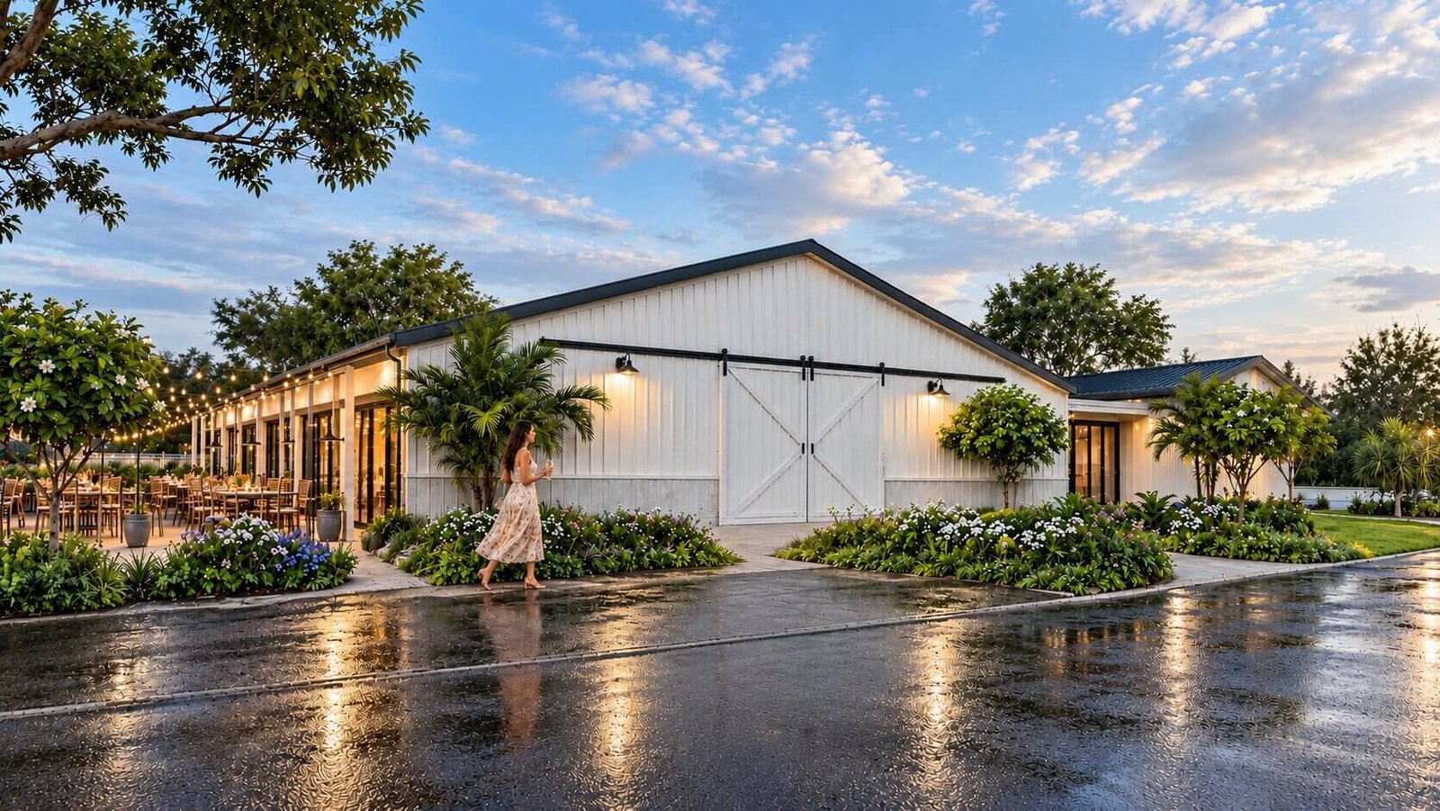 Contemporary barn-style building with white façade, large sliding doors, outdoor seating area, landscaped greenery, and blue sky during daytime.,