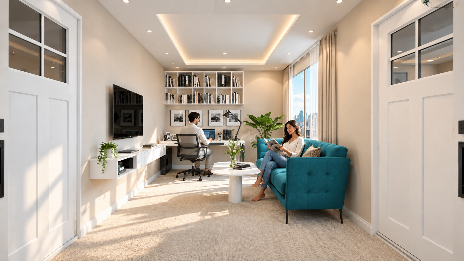 Multi-purpose living and work space with vibrant accents. — 3D Interior Visualization Houston