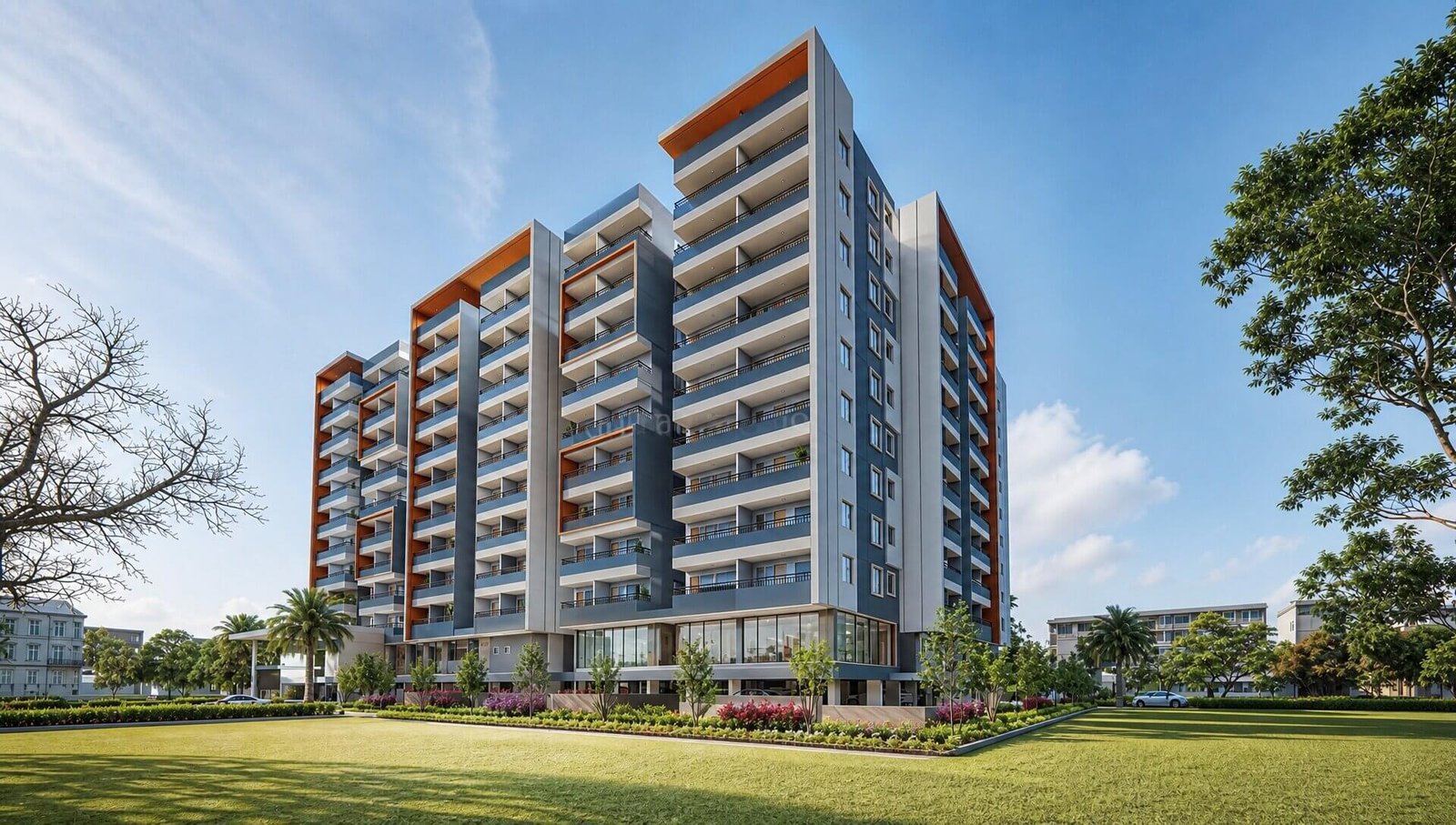 Photorealistic 3D rendering of a modern residential apartment building at night with illuminated balconies, landscaped surroundings, and starry sky– 3D visualization by Yantram Studio,