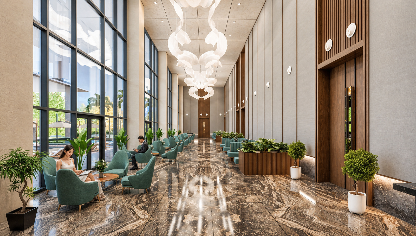 Elegant hotel lobby corridor with double-height ceiling, sculptural chandelier, marble flooring, green lounge chairs, and floor-to-ceiling glass windows.