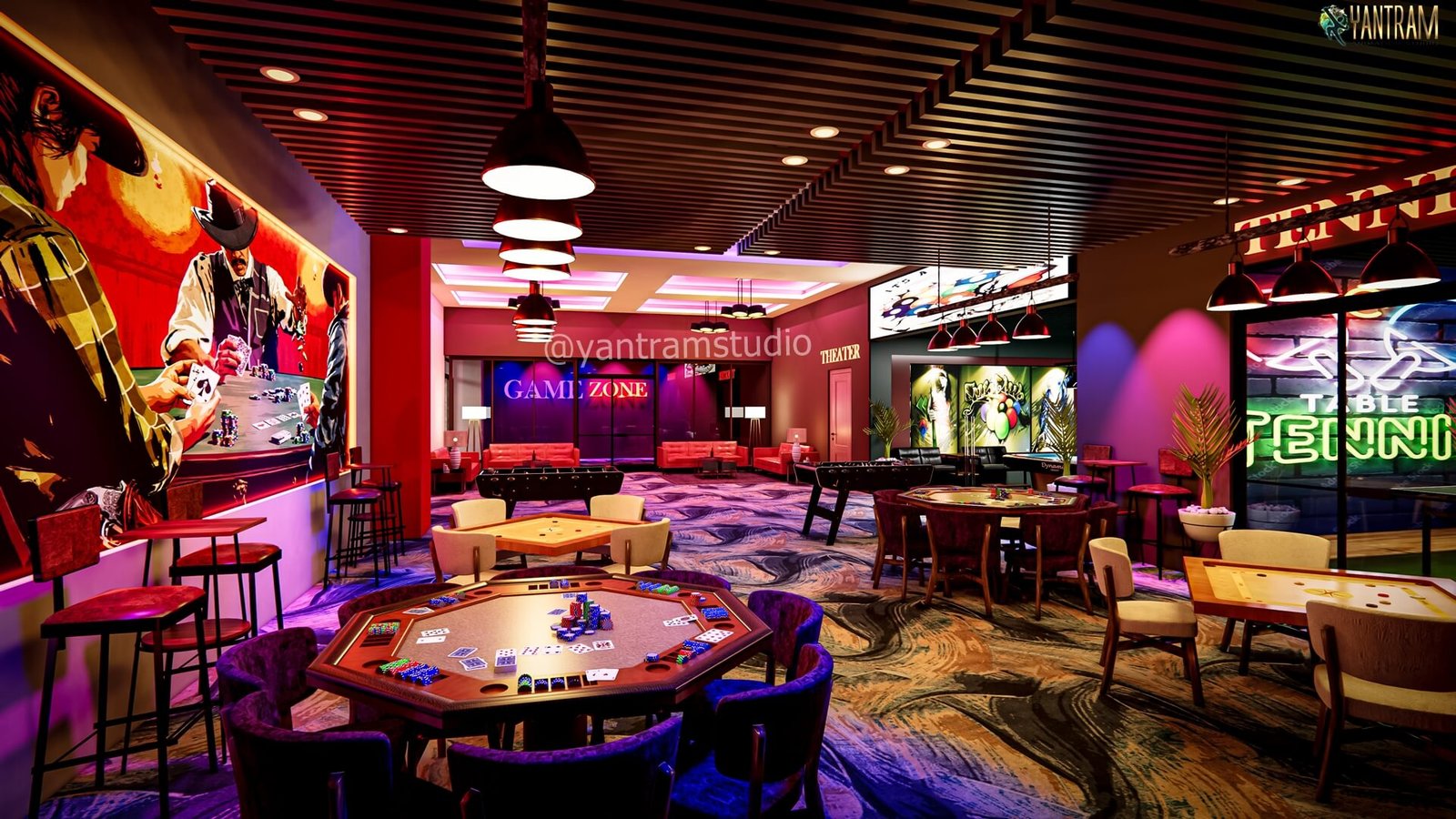 Luxury Casino Lounge and Gaming Interior Design | Yantram Studio Modern casino lounge interior with poker tables, slot machines, bar seating, neon lighting, and vibrant entertainment ambiance.