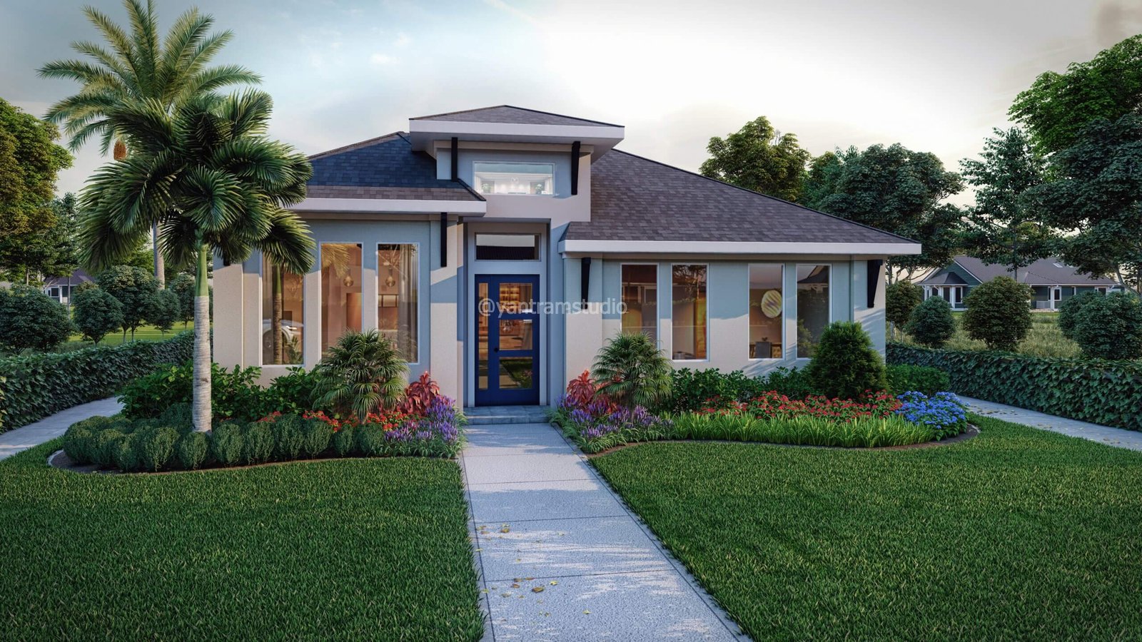 Cottage-style home with palm trees, blue shutters, and entry portico