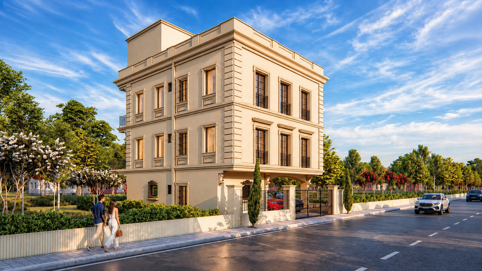 Three-story neoclassical corner residence with arched ground-floor entry, symmetrical windows, decorative cornices, and landscaped street frontage.