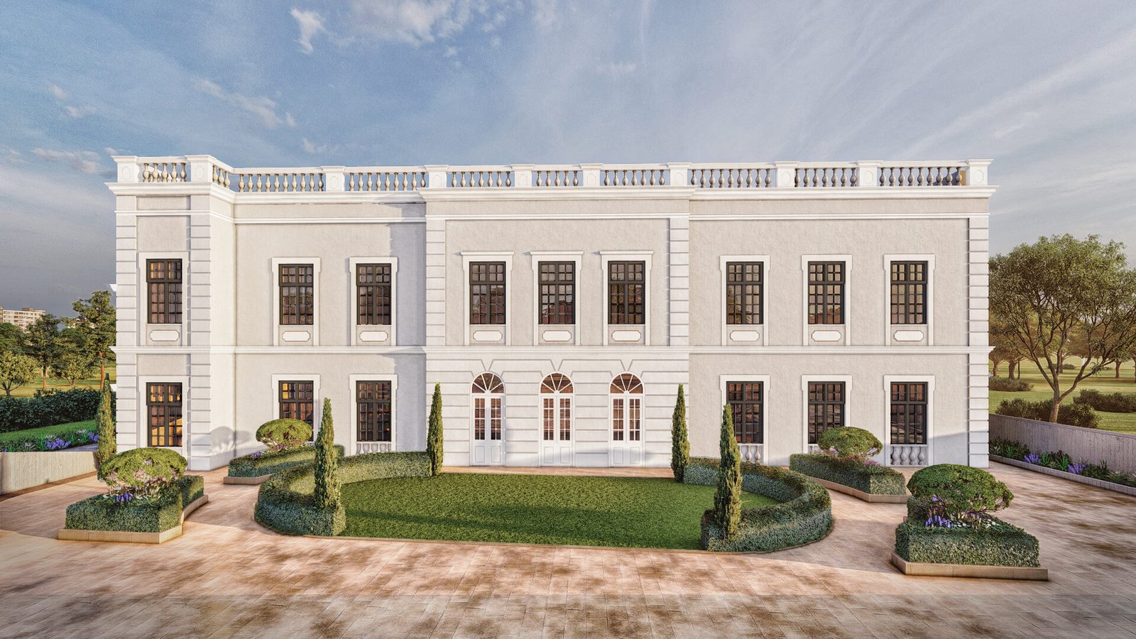 Classical two-story mansion facade with symmetrical windows, arched French doors, balustrade terrace, and landscaped formal garden courtyard.