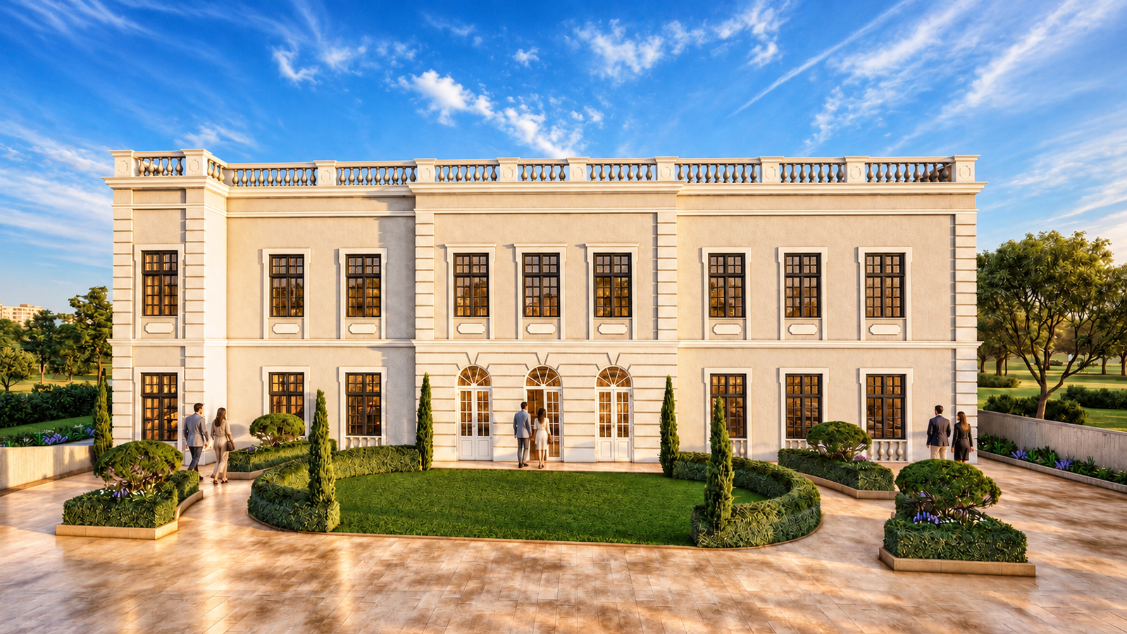 Classical two-story mansion facade with symmetrical windows, arched French doors, balustrade terrace, and landscaped formal garden courtyard.