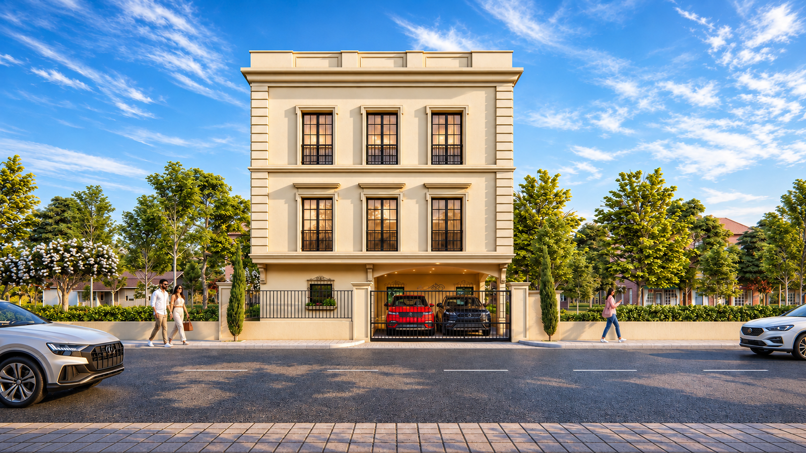 Three-story neoclassical residence with symmetrical façade, central garage opening, decorative cornices, and landscaped street frontage.
