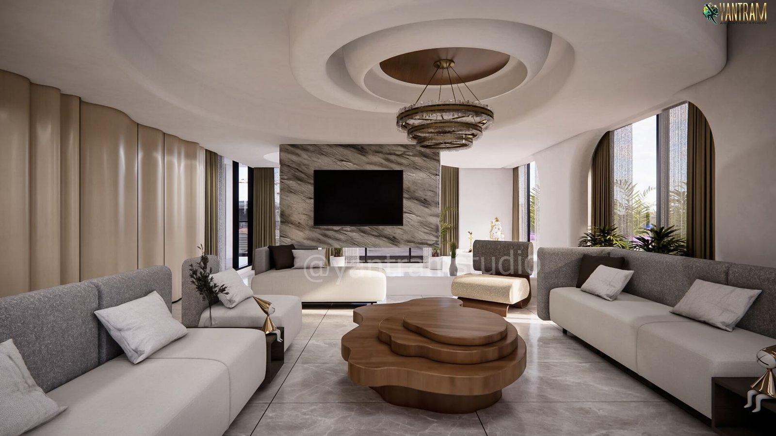 Contemporary living room with circular ceiling design, marble feature wall, wall-mounted TV, sculptural chandelier, and minimalist seating.