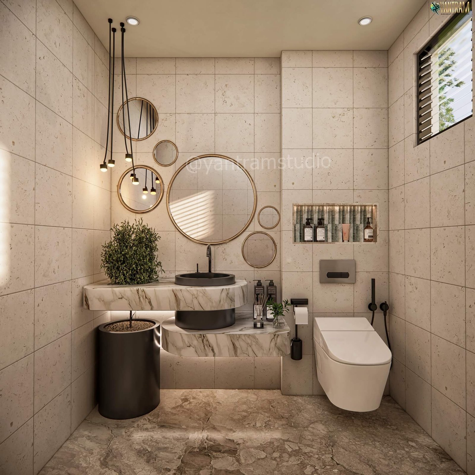 Contemporary powder bathroom with beige stone tiles, round mirrors, floating vanity, vessel sink, and wall-mounted toilet.