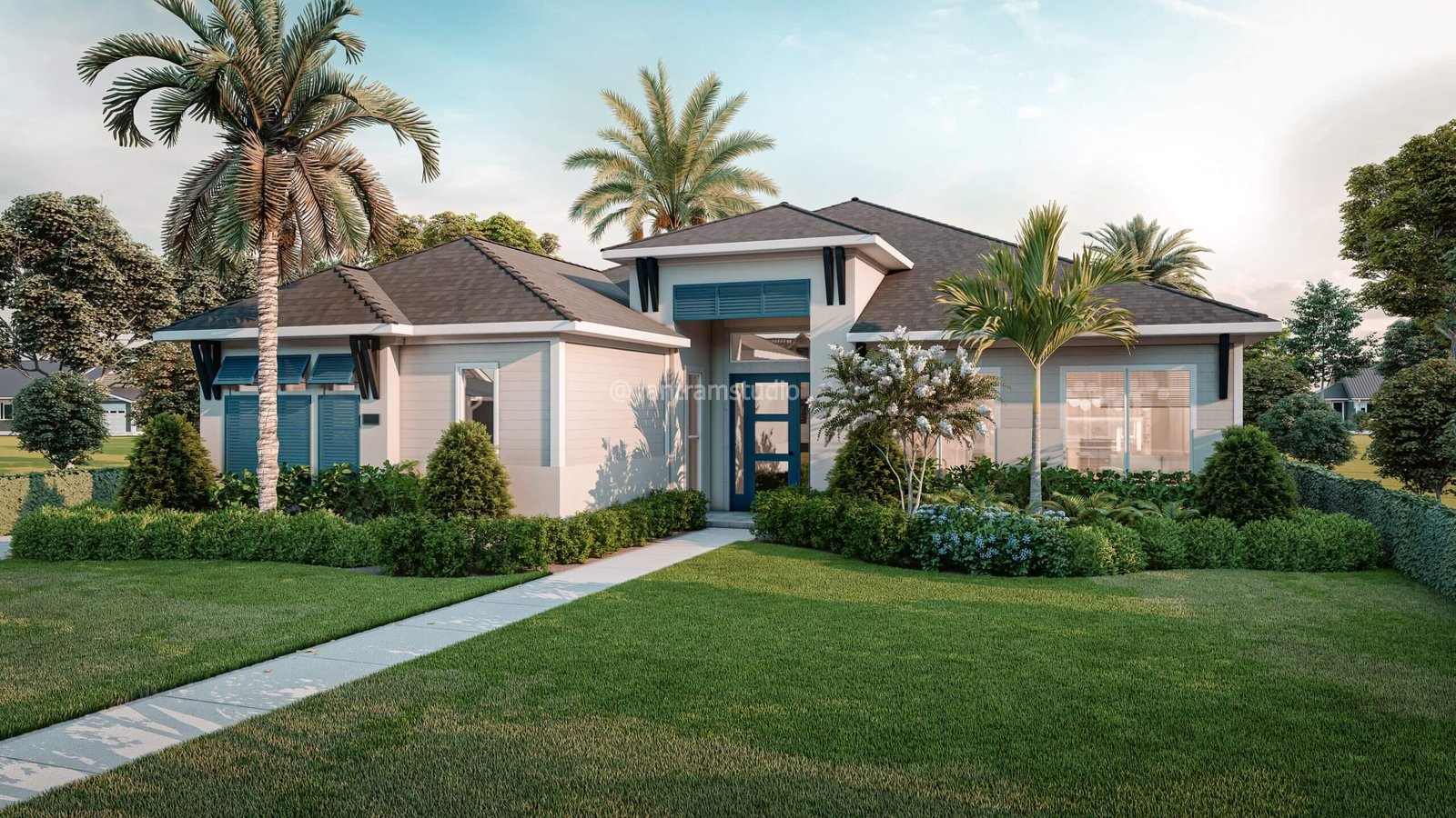 Contemporary home with blue exterior walls and palm tree landscaping