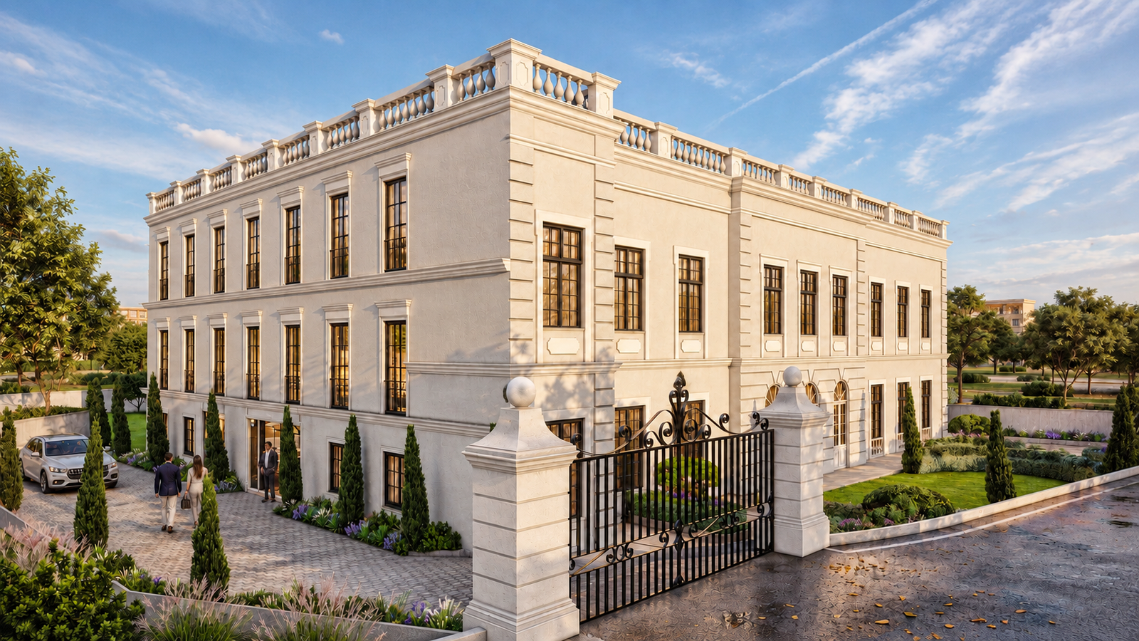 Neoclassical two-story mansion with balustrade parapet, symmetrical windows, decorative cornices, and wrought-iron entry gate with landscaped driveway.