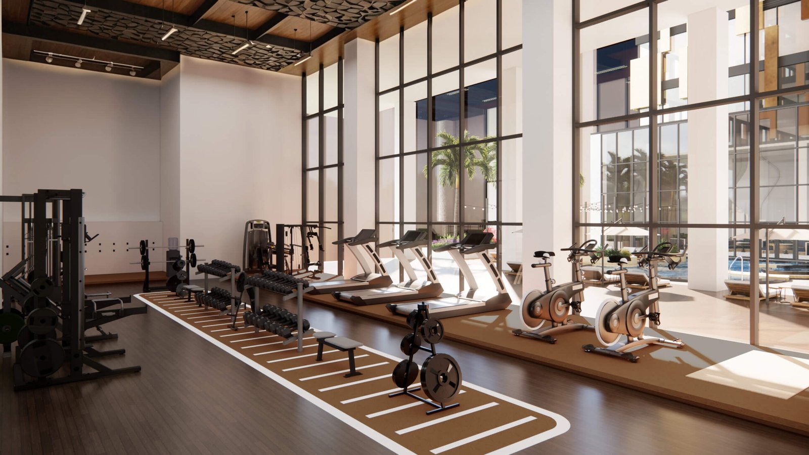 Photorealistic 3D rendering of a modern luxury gym interior with treadmills, stationary bikes, strength training equipment, and large floor-to-ceiling windows by Yantram Studio. – 3D visualization by Yantram Studio