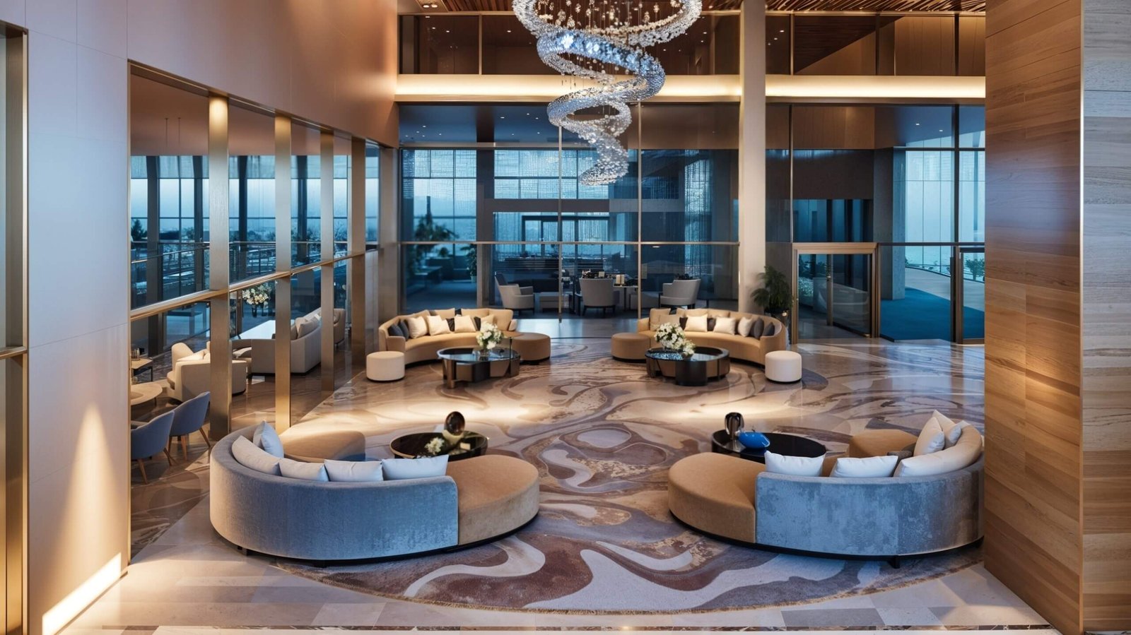 Photorealistic 3D rendering of a luxury hotel lobby interior with marble flooring, circular seating lounges, floor-to-ceiling glass walls, and a spiral chandelier by Yantram Studio.