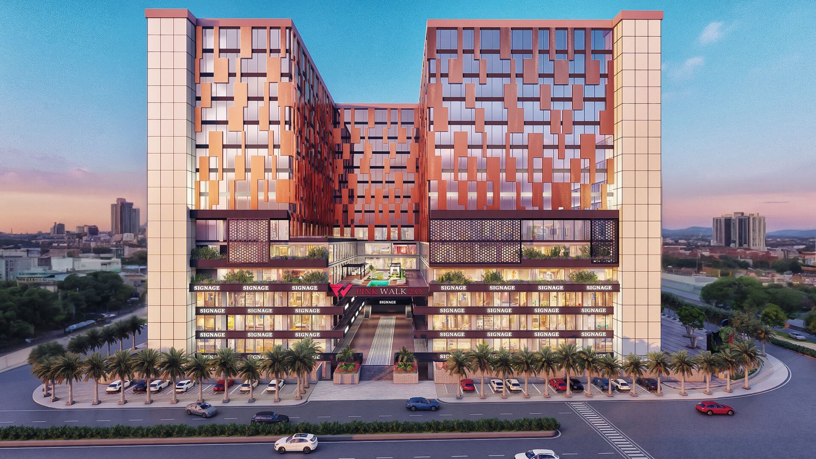 Photorealistic 3D rendering of a modern mixed-use commercial complex with office towers, retail podium, palm-lined boulevard, and urban skyline by Yantram Studio. – 3D visualization by Yantram Studio,