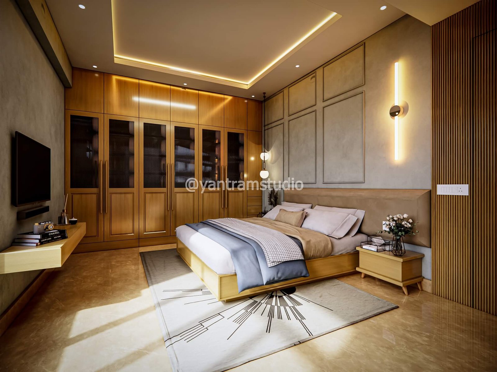 Contemporary guest bedroom with wooden wardrobe, upholstered bed, warm cove lighting, wall panel detailing, and minimalist décor.