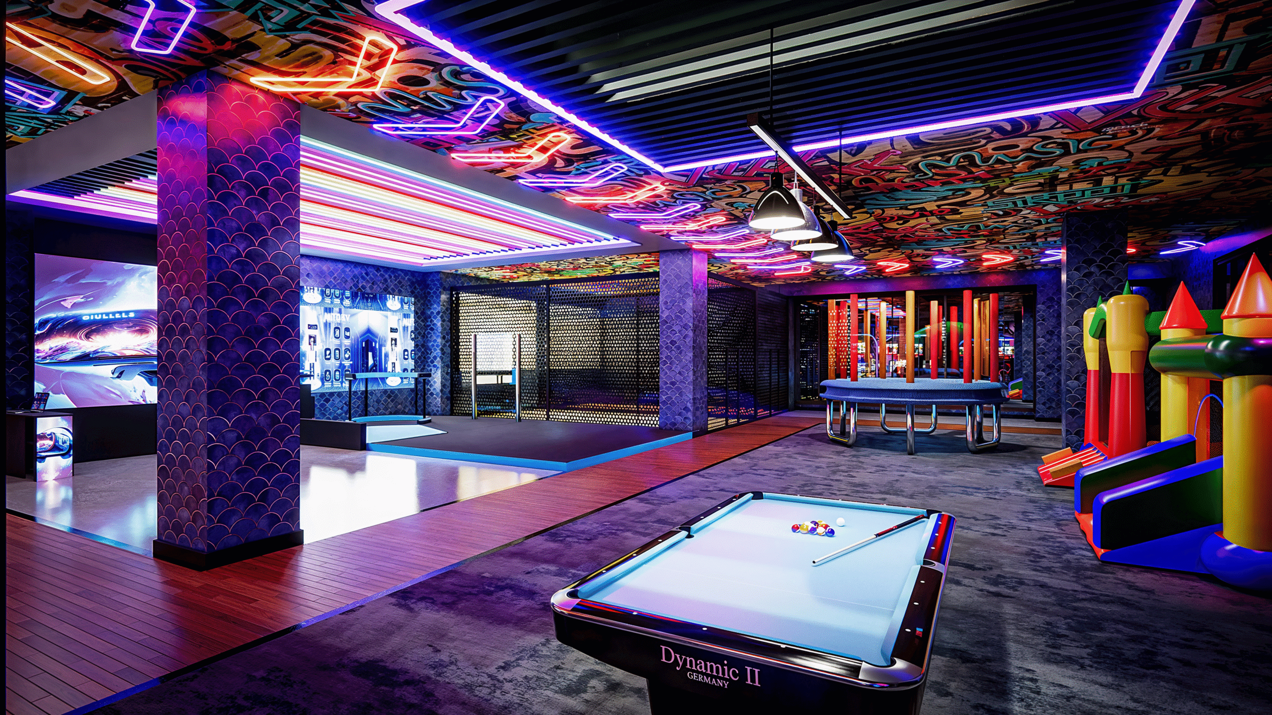 Immersive Virtual Interior Walkthrough futuristic Game Zone Design with Interactive Entertainment Spaces