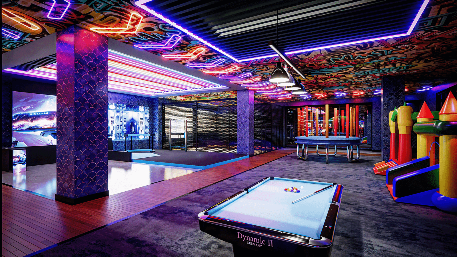 Photorealistic 3D rendering of a modern entertainment game room with pool table, neon ceiling lights, arcade gaming area, and indoor play zone by Yantram Studio.