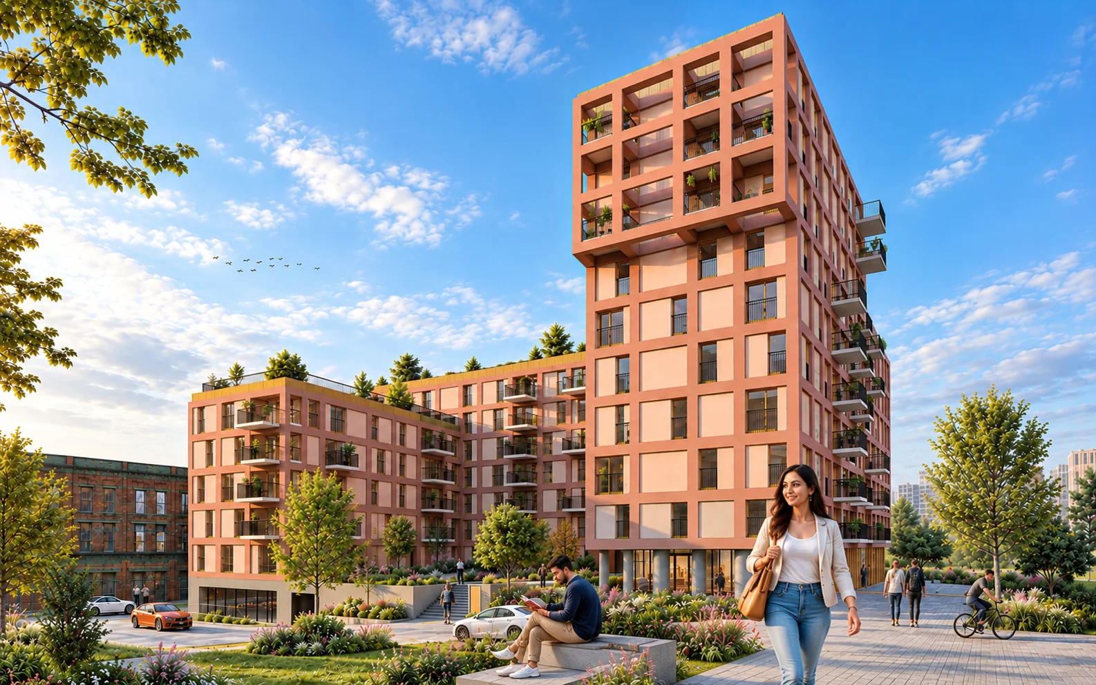 Modern multi-story residential apartment complex with grid façade, balconies, landscaped courtyard, and street-level activity at sunset.