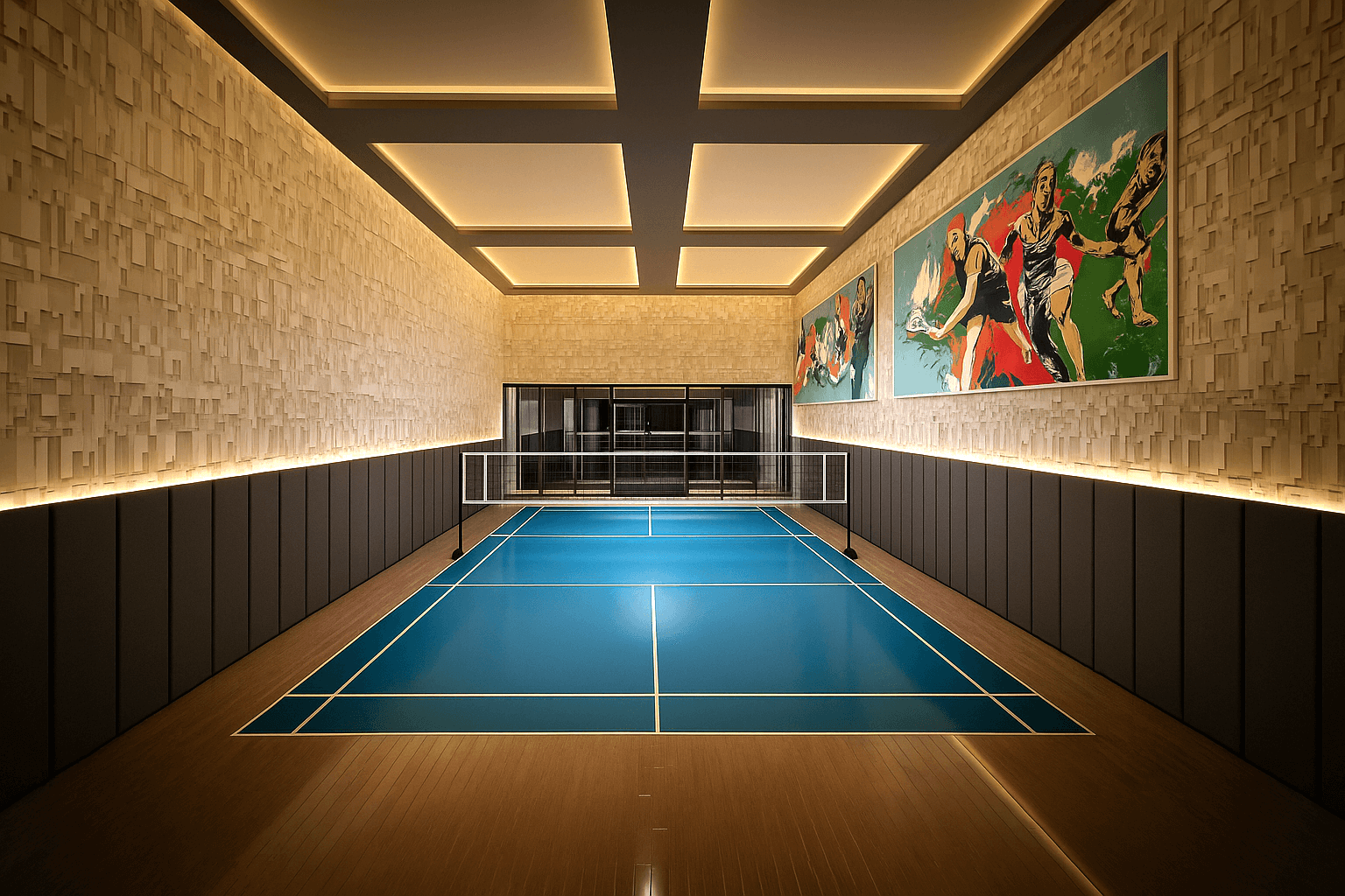 Photorealistic 3D rendering of a modern indoor badminton court with wooden wall panels, ambient lighting, and contemporary sports facility design by Yantram Studio.
