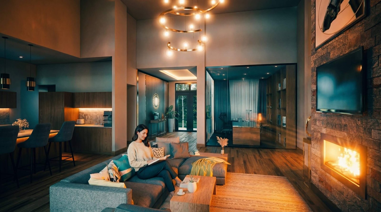 Warm modern living room interior render with fireplace, open kitchen layout, ambient lighting, and glass office space by Yantram Studio – 3D rendering by Yantram Studio