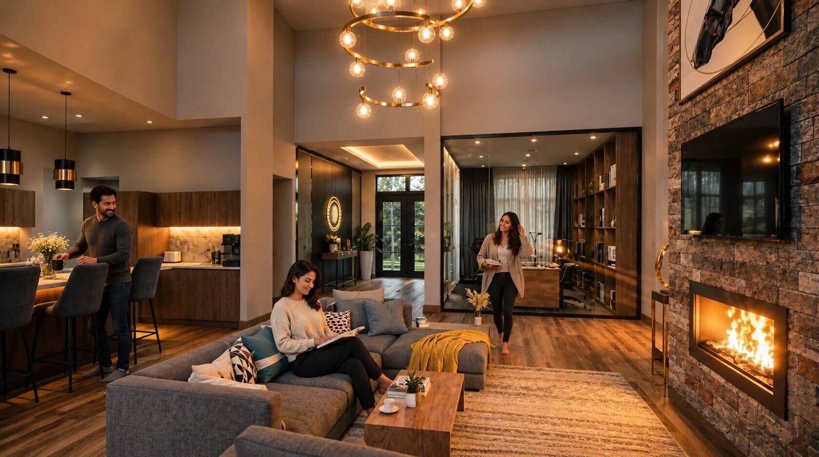 Warm modern living room interior render with fireplace, open kitchen layout, ambient lighting, and glass office space by Yantram Studio – 3D rendering by Yantram Studio